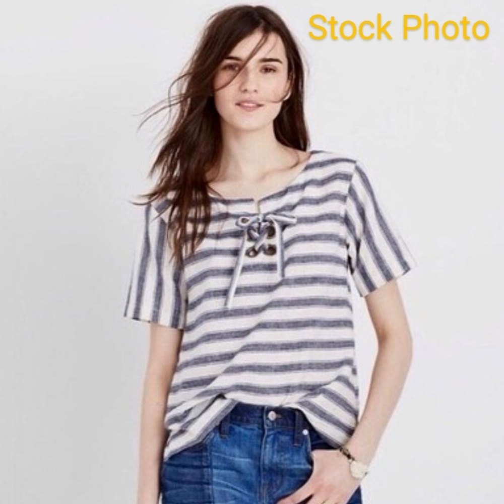 Madewell Blue and White Striped Lace-Up Linen Blend Top Small
